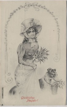 Künstler-AK Glückliches Neujahr Frau mit Hut Hund Korb im Maul Jugendstil 1907