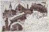 Litho Gruss aus Elberfeld Kriegerdenkmal Theater Rathaus ... Wuppertal 1897