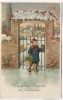 VERKAUFT !!!   Präge-AK Die besten Wünsche zum Jahreswechsel Kind mit Korb am Tor im Winter 1914