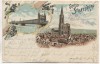 Litho Gruss aus Strassburg Elsass Ortsansicht mit Eisenbahnbrücke Bas-Rhin Frankreich 1900