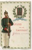 VERKAUFT !!!   Präge-AK Gruss aus der Garnision ! Soldat mit Gewehr Kranz mit Dienstgrad 1908