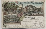 Litho Gruss aus Leipzig Etablissement Sanssouci Garten Saal Straßenbahn 1900