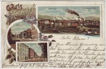 Litho Gruss aus Hermsdorf Sobięcin Waldenburg Wałbrzych Dorfstrasse Vorwärtshütte Schwesternschächte Schlesien Polen 1902 RAR