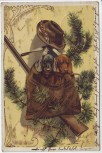 Präge-AK Prosit Neujahr 2 Hunde Dackel im Rucksack Gewehr Goldrand 1906