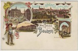 Litho Gruss aus Bautzen Kaserne Lauenstrasse Nicolairuine 1900 RAR
