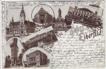 Litho Gruss aus Elberfeld Kriegerdenkmal Theater Rathaus ... Wuppertal 1897