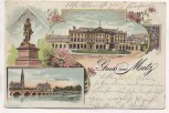 Litho Gruss aus Metz Theaterplatz 3 Bilder Moselle Lothringen Frankreich 1908
