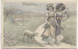 Künstler-AK Jugendstil Fröhliche Ostern 2 Frauen mit Lamm Verlag: V.K. Vienne 4106 1910