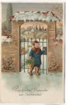 VERKAUFT !!!   Präge-AK Die besten Wünsche zum Jahreswechsel Kind mit Korb am Tor im Winter 1914