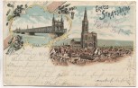 Litho Gruss aus Strassburg Elsass Ortsansicht mit Eisenbahnbrücke Bas-Rhin Frankreich 1900