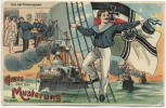 AK Gruss von der Musterung Vor der Commission Matrose vor Fahne Kriegsschiffe Patriotika 1914