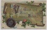 Präge-AK Viel Glück und Segen im neuen Jahre Urkunde Hufeisen 1910