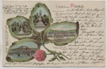 Kleeblatt Litho Gruss aus Pirna Denkmal Kaserne Totalansicht 1905