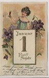 Präge-AK 1. Januar Prosit Neujahr Frau mit Sektglas Jugendstil 1910