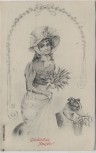 Künstler-AK Glückliches Neujahr Frau mit Hut Hund Korb im Maul Jugendstil 1907
